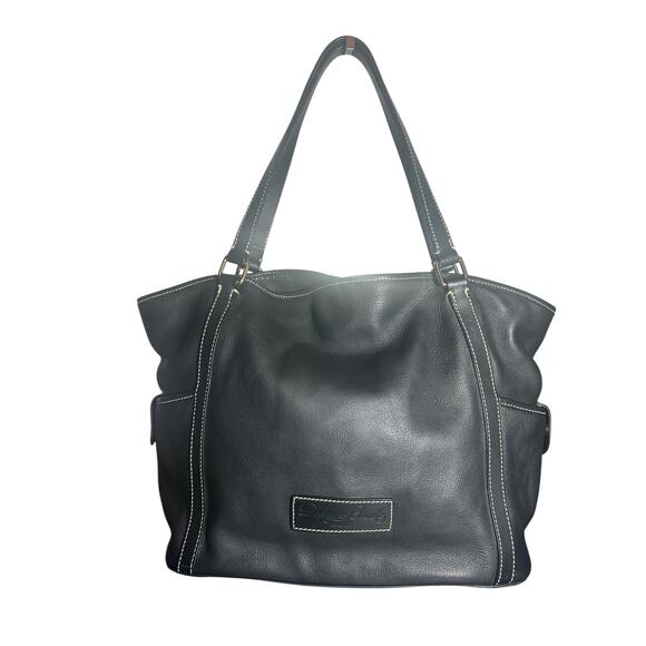 Dooney & Bourke Black Pebbled Leather Tote Bag White Stitching Classic - Picture 1 of 13